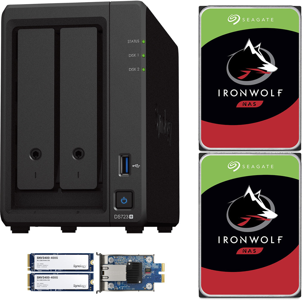 Synology DS723+ 2-Bay NAS, 2GB RAM, 10GbE Adapter, 800GB (2x400GB) Cache, 16TB (2 x 8TB) of Seagate Ironwolf NAS Drives Fully Assembled and Tested