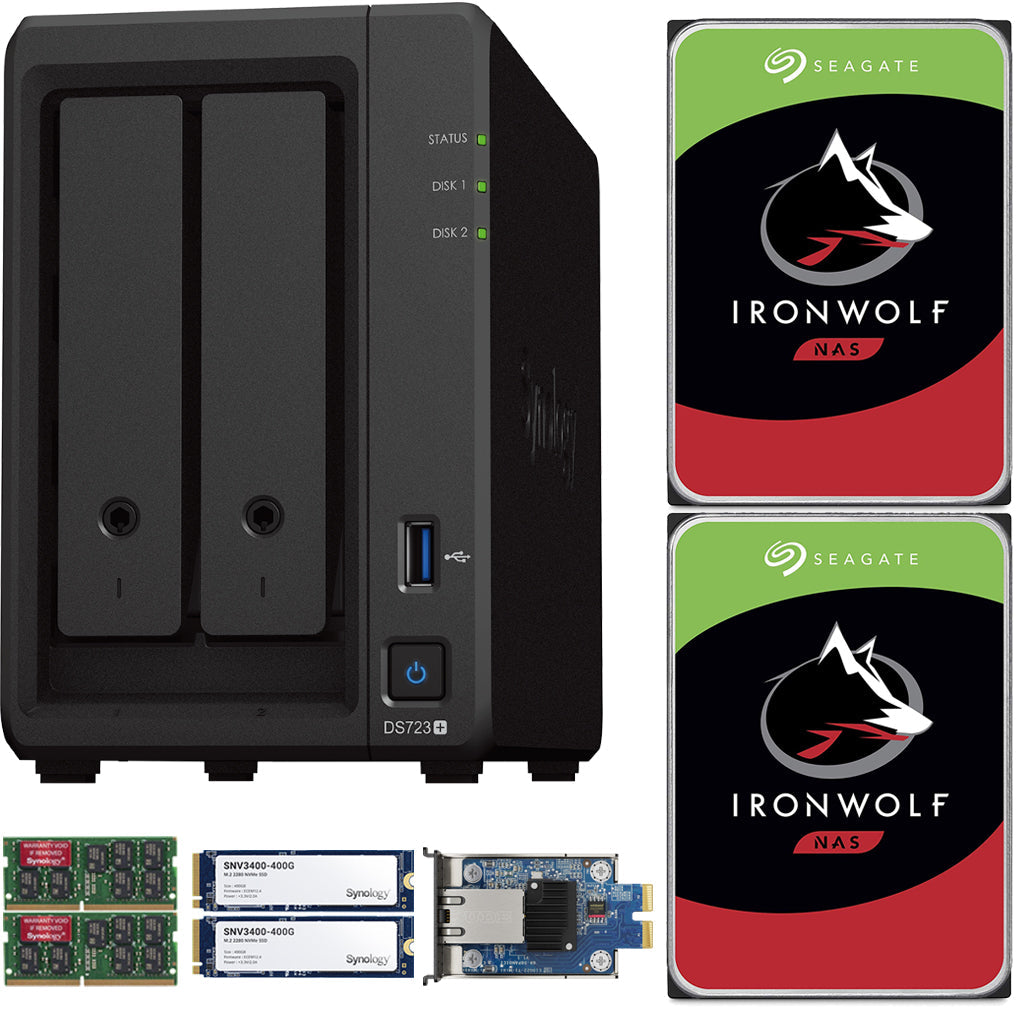 Synology DS723+ 2-Bay NAS, 16GB RAM, 10GbE Adapter, 800GB (2x400GB) Cache, 20TB (2 x 10TB) of Seagate Ironwolf NAS Drives Fully Assembled and Tested