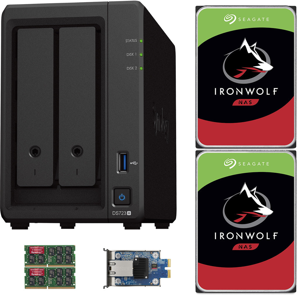 Synology DS723+ 2-Bay NAS, 32GB RAM, 10GbE Adapter, 16TB (2 x 8TB) of Seagate Ironwolf NAS Drives Fully Assembled and Tested