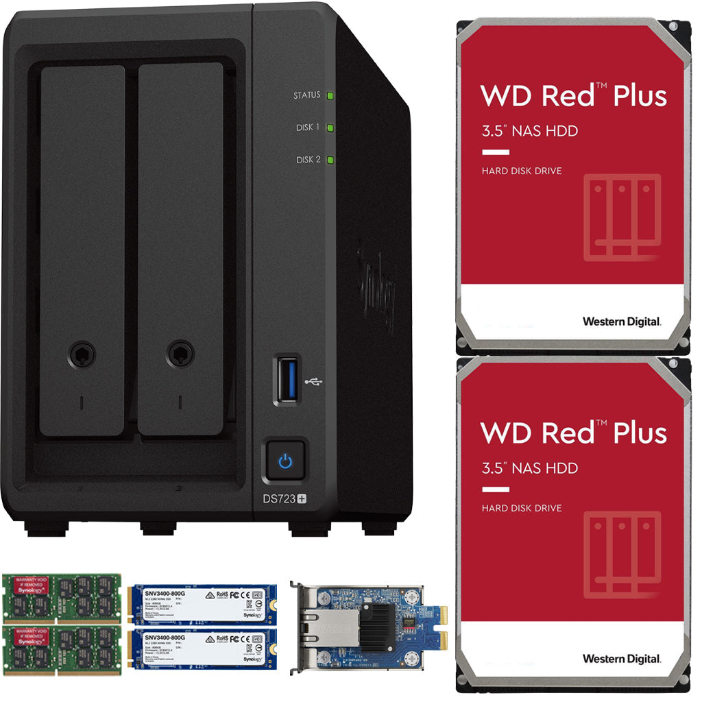 Synology DS723+ 2-Bay NAS, 8GB RAM, 10GbE Adapter, 1.6TB (2x800GB) Cache, 12TB (2 x 6TB) of Western Digital Red Plus Drives Fully Assembled and Tested
