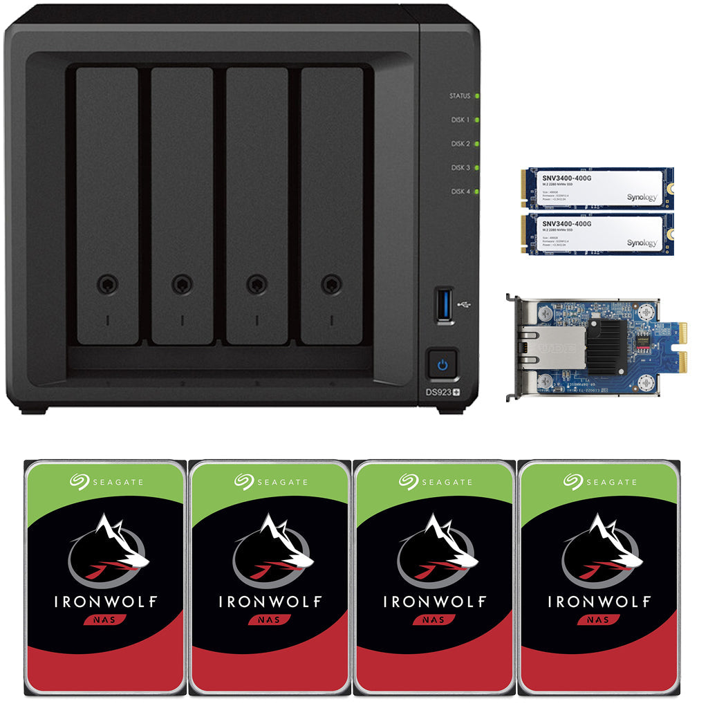 Synology DS923+ 4-BAY DiskStation with 4GB RAM, 10GbE Adapter,, 800GB (2x400GB) Cache,  and 24TB (4x6TB) Seagate Ironwolf NAS Drives Fully Assembled and Tested