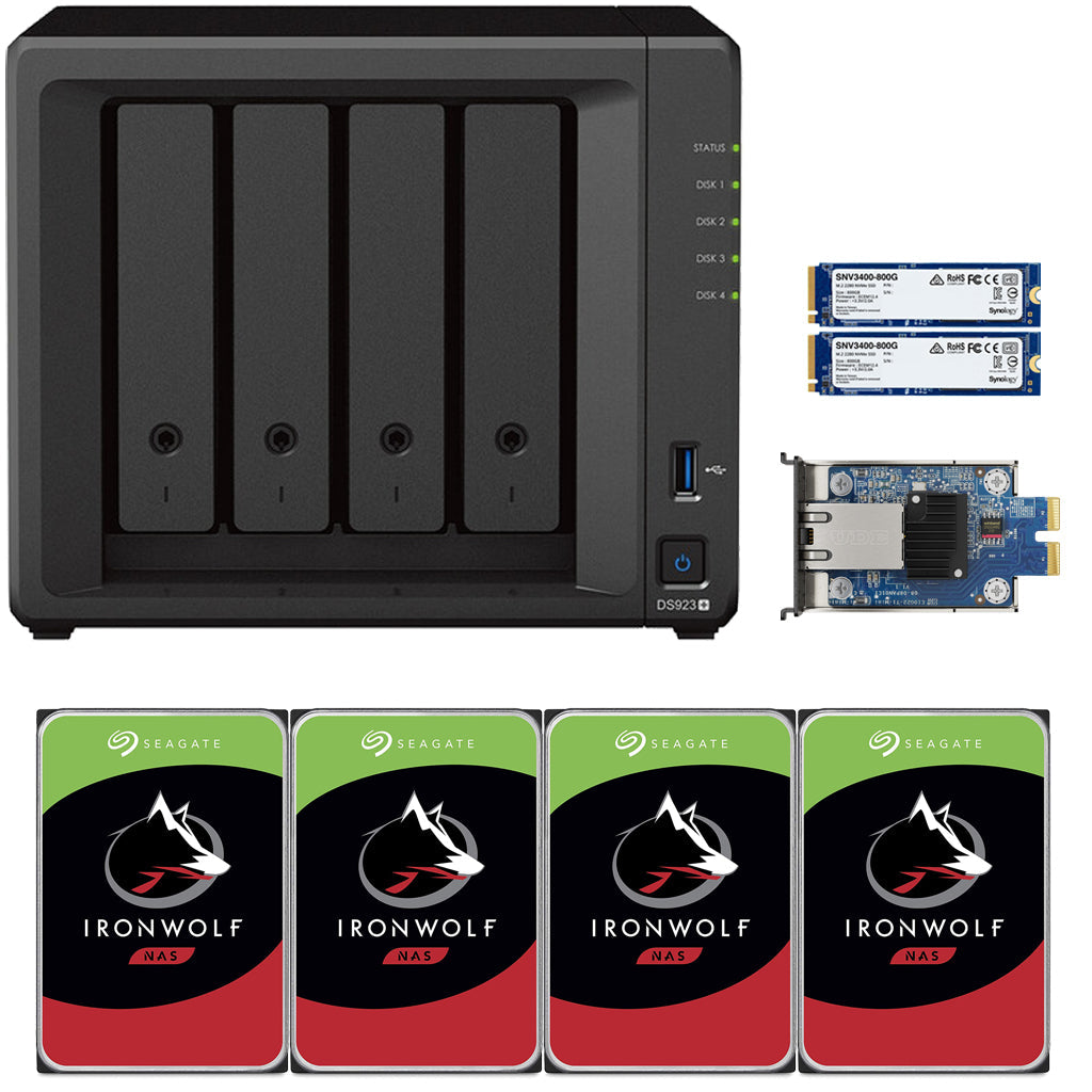 Synology DS923+ 4-BAY DiskStation with 4GB RAM, 10GbE Adapter,, 1.6TB (2x800GB) Cache,  and 40TB (4x10TB) Seagate Ironwolf NAS Drives Fully Assembled and Tested