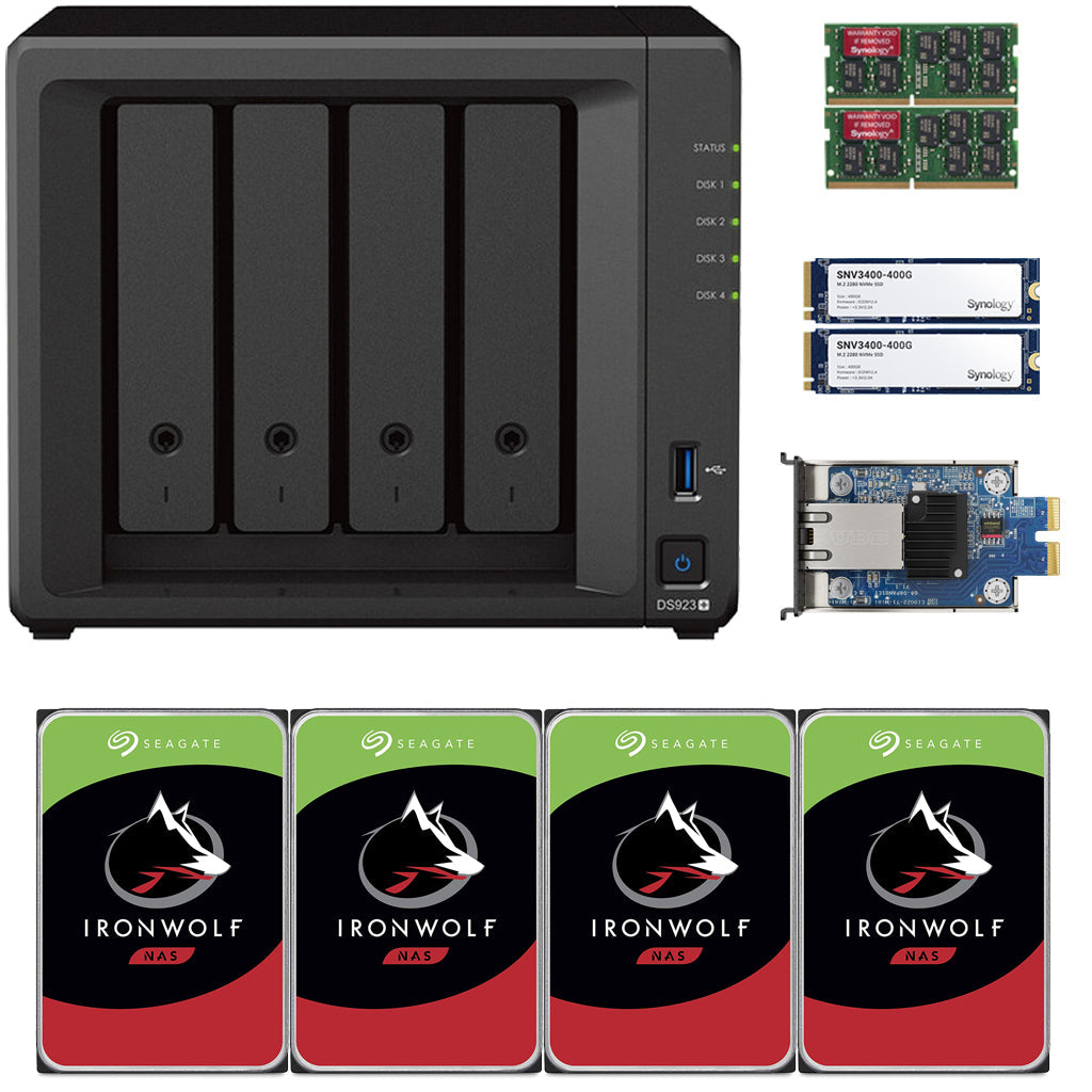 Synology DS923+ 4-BAY DiskStation with 16GB RAM, 10GbE Adapter,, 800GB (2x400GB) Cache,  and 16TB (4x4TB) Seagate Ironwolf NAS Drives Fully Assembled and Tested