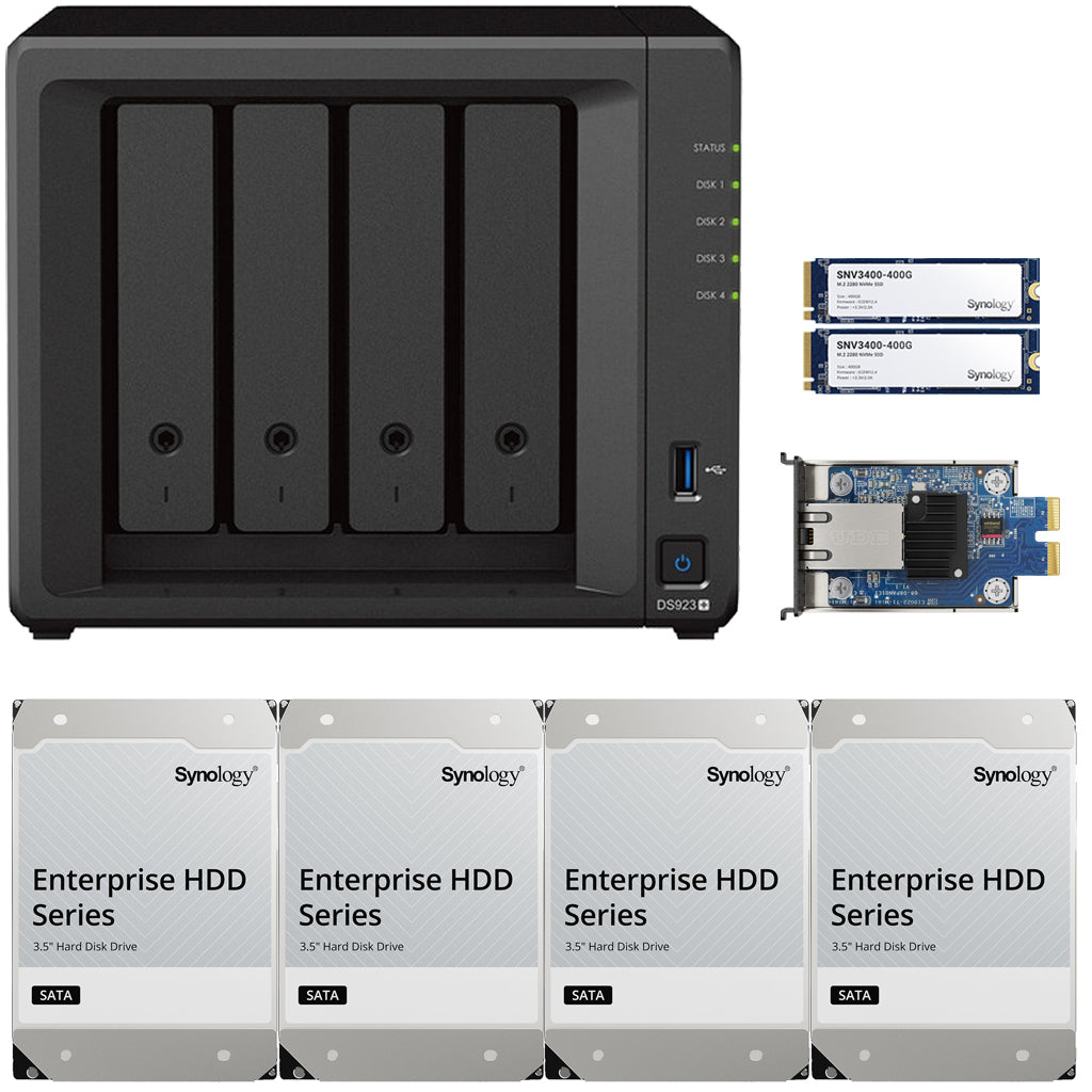 Synology DS923+ 4-BAY DiskStation with 4GB RAM, 10GbE Adapter, 800GB (2x400GB) Cache and 48TB (4x12TB) Synology Enterprise Drives Fully Assembled and Tested