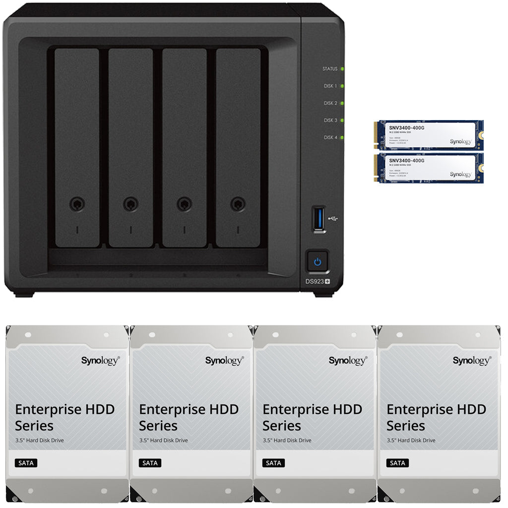 Synology DS923+ 4-BAY DiskStation with 4GB RAM, 800GB (2x400GB) Cache and 32TB (4x8TB) Synology Enterprise Drives Fully Assembled and Tested