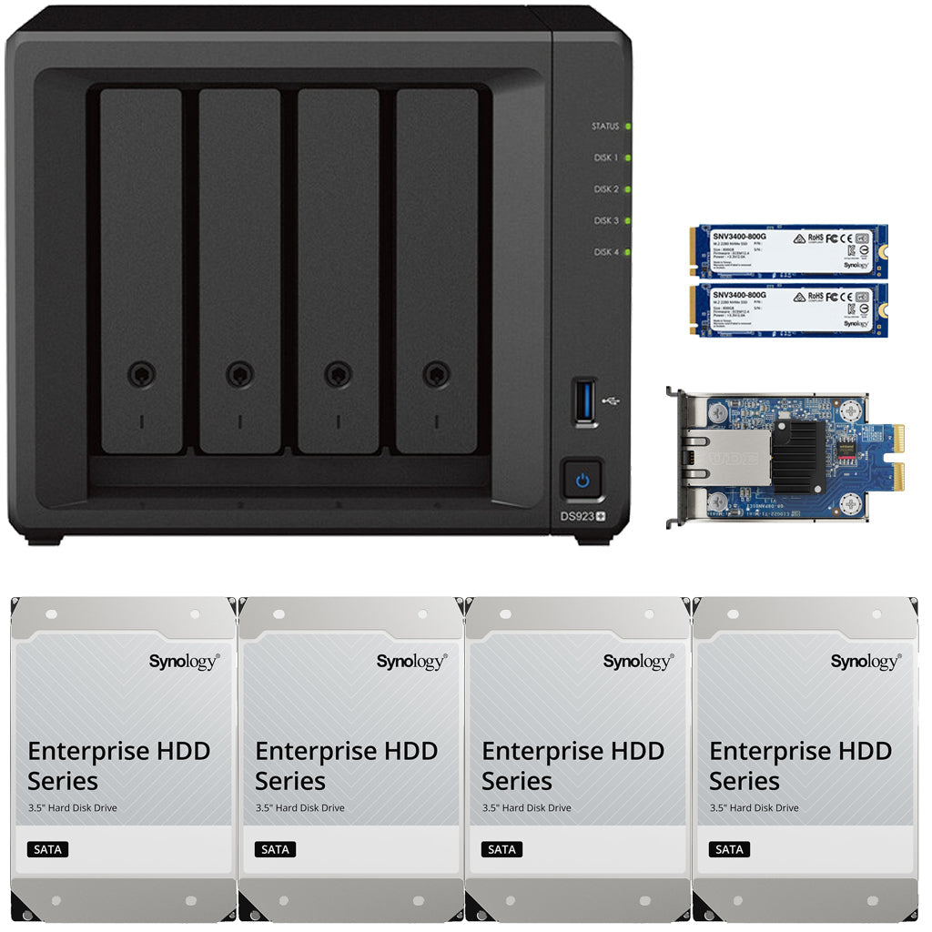 Synology DS923+ 4-BAY DiskStation with 4GB RAM, 10GbE Adapter, 1.6TB (2x800GB) Cache and 16TB (4x4TB) Synology Enterprise Drives Fully Assembled and Tested