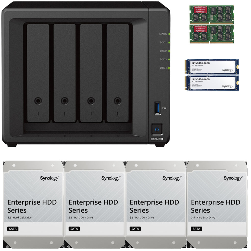 Synology DS923+ 4-BAY DiskStation with 32GB RAM, 800GB (2x400GB) Cache and 32TB (4x8TB) Synology Enterprise Drives Fully Assembled and Tested