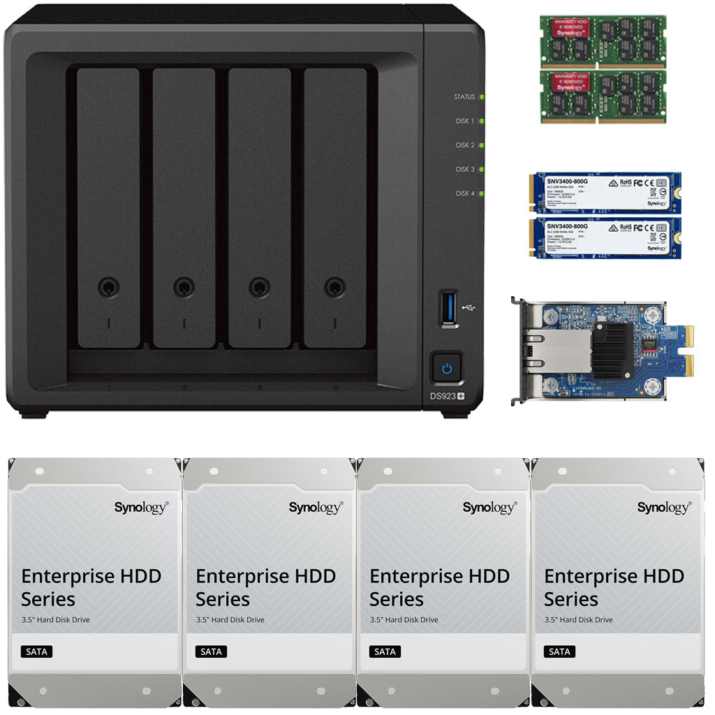 Synology DS923+ 4-BAY DiskStation with 8GB RAM, 10GbE Adapter, 1.6TB (2x800GB) Cache and 16TB (4x4TB) Synology Enterprise Drives Fully Assembled and Tested