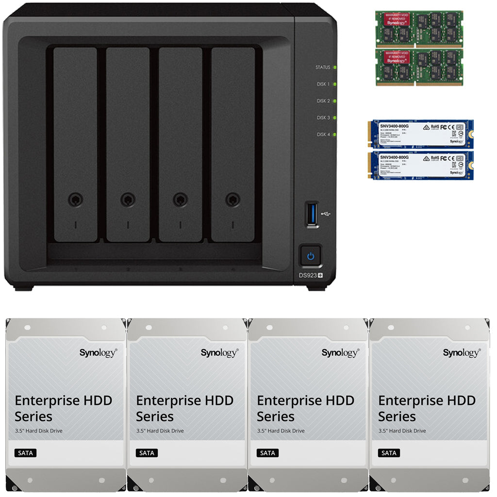 Synology DS923+ 4-BAY DiskStation with 8GB RAM, 1.6TB (2x800GB) Cache and 16TB (4x4TB) Synology Enterprise Drives Fully Assembled and Tested