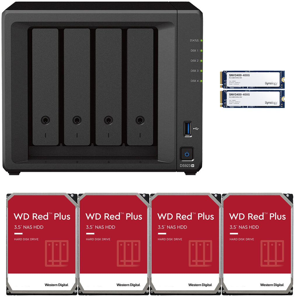 Synology DS923+ 4-BAY DiskStation with 4GB RAM, 800GB (2x400GB) Cache,  and 24TB (4x6TB) Western Digital Red Plus NAS Drives Fully Assembled and Tested