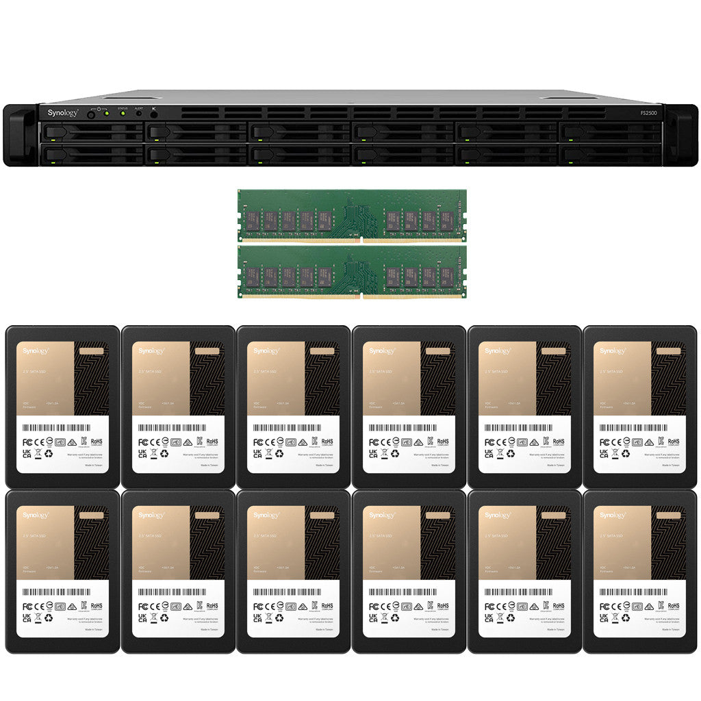 Synology FS2500 12-BAY FlashStation with 16GB RAM and 46.08TB (12 x 3840GB) Synology Enterprise SATA SSD's Fully Assembled and Tested