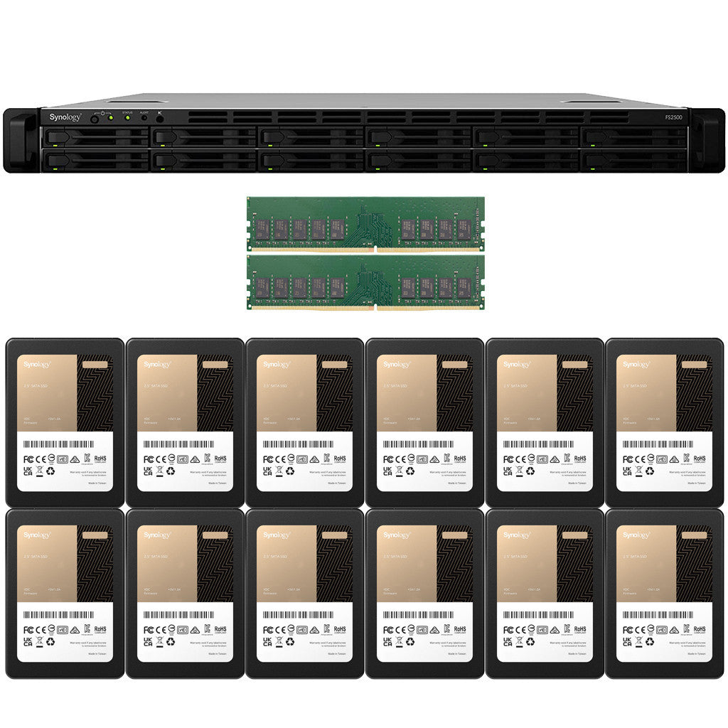 Synology FS2500 12-BAY FlashStation with 32GB RAM and 46.08TB (12 x 3840GB) Synology Enterprise SATA SSD's Fully Assembled and Tested