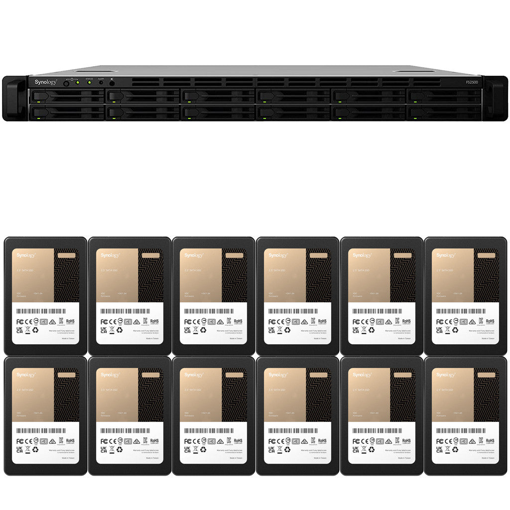Synology FS2500 12-BAY FlashStation with 8GB RAM and 46.08TB (12 x 3840GB) Synology Enterprise SATA SSD's Fully Assembled and Tested