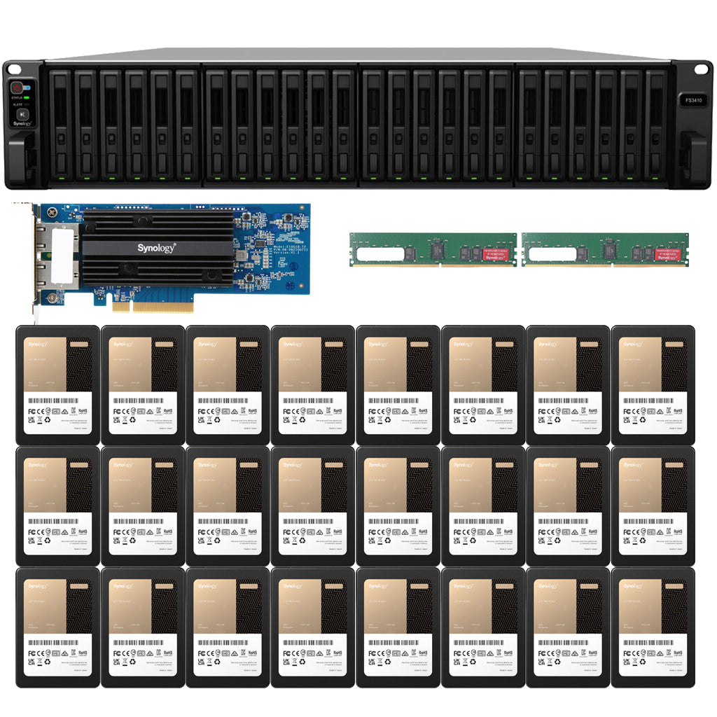 Synology FS3410 24-BAY FlashStation with 32GB RAM, E25G21-F2 25GbE Expansion, and 11.52TB (24 x 480GB) Synology Enterprise SATA SSD's Fully Assembled and Tested