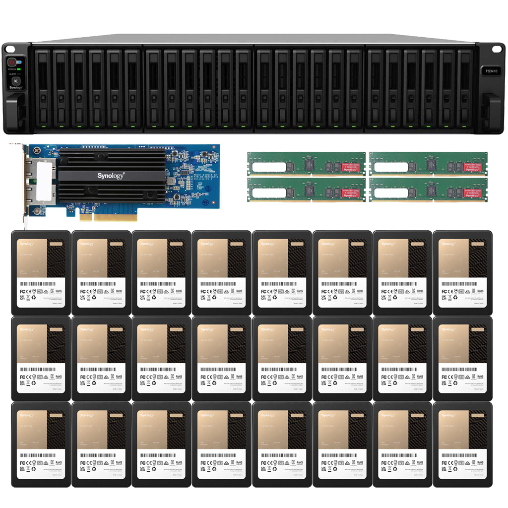 Synology FS3410 24-BAY FlashStation with 64GB RAM, E25G21-F2 25GbE Expansion, and 23.04TB (24 x 960GB) Synology Enterprise SATA SSD's Fully Assembled and Tested
