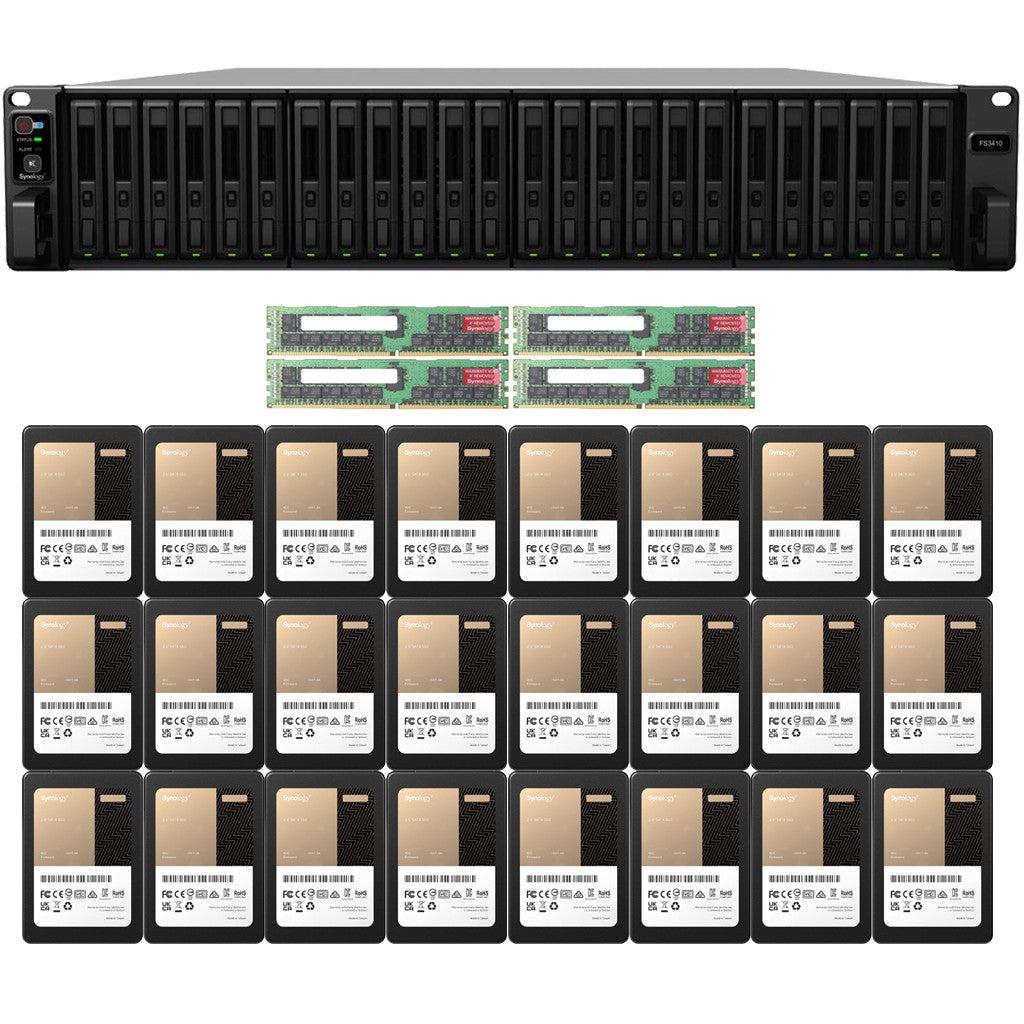 Synology FS3410 24-BAY FlashStation with 64GB RAM and 92.16TB (24 x 3840GB) Synology Enterprise SATA SSD's Fully Assembled and Tested