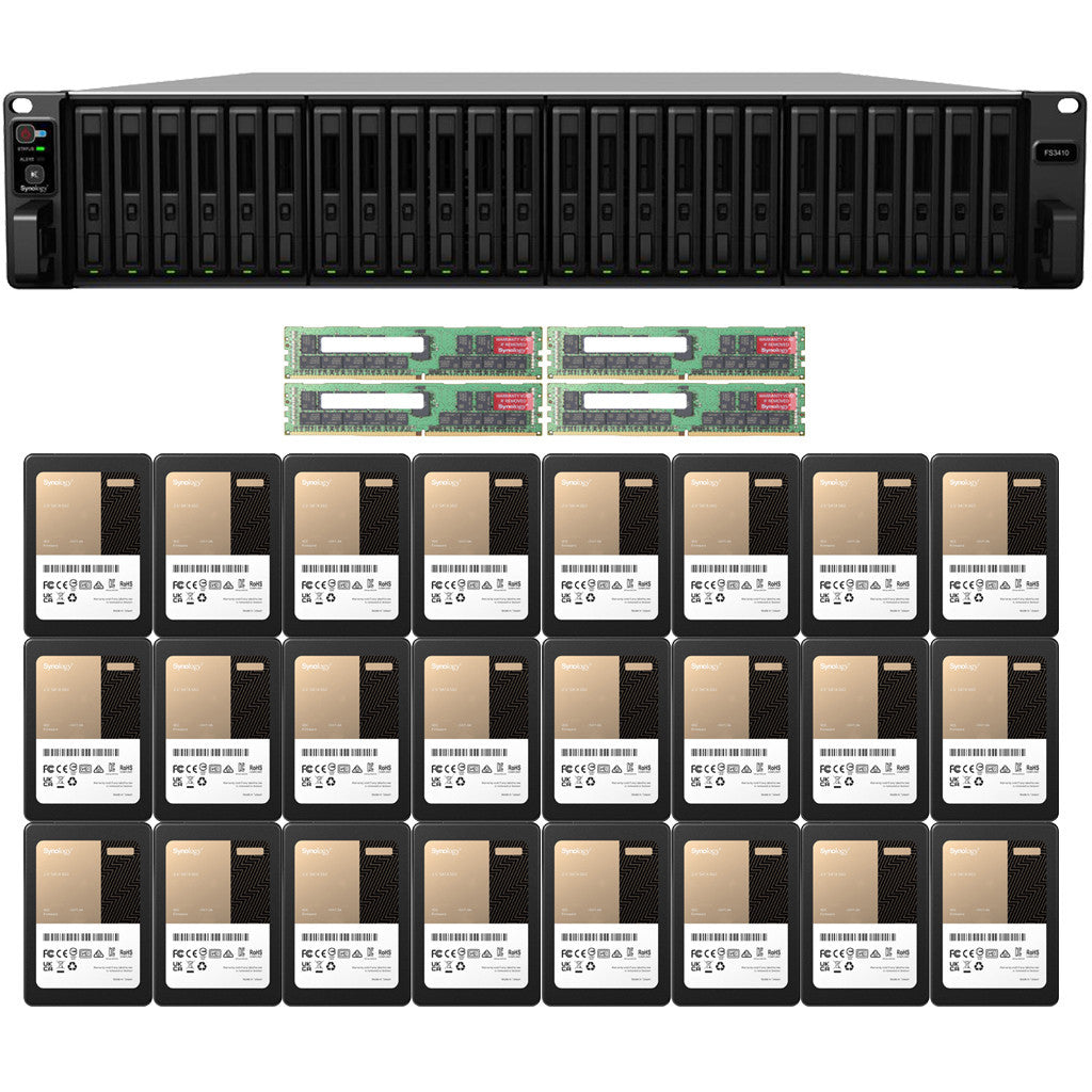 Synology FS3410 24-BAY FlashStation with 128GB RAM and 92.16TB (24 x 3840GB) Synology Enterprise SATA SSD's Fully Assembled and Tested