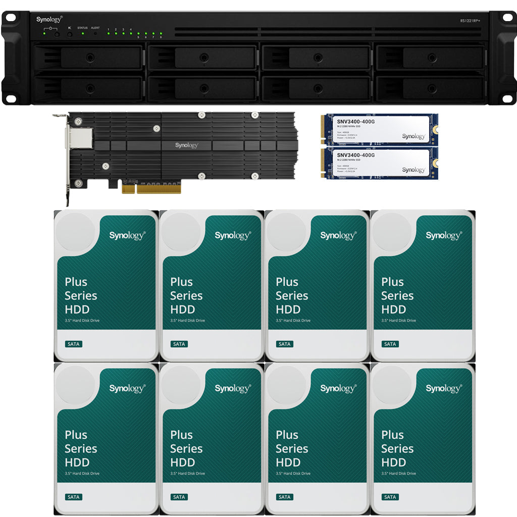 Synology RS1221RP+ RackStation with 4GB RAM 800GB (2x400GB) Cache, 1-Port 10GbE Adapter and 64TB (8 x 8TB) of Synology Plus NAS Drives Fully Assembled and Tested