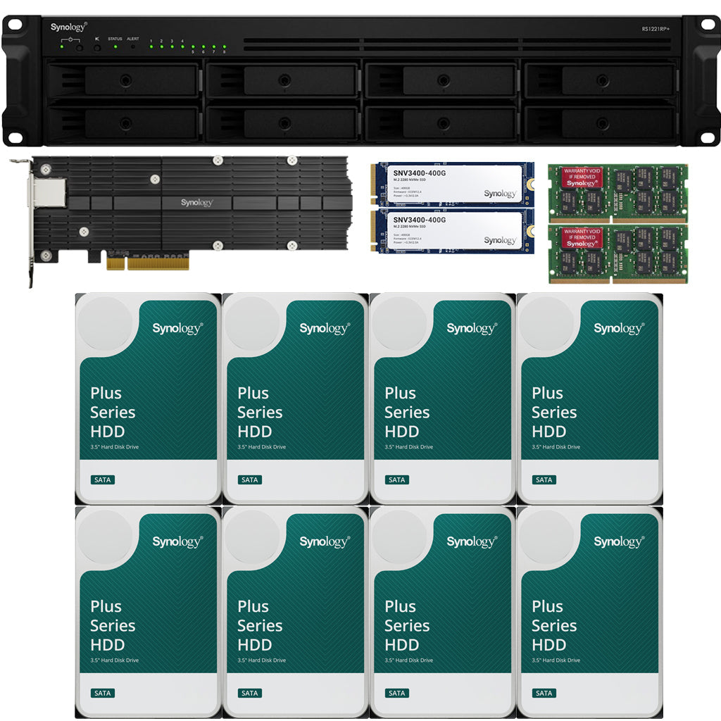 Synology RS1221RP+ RackStation with 32GB RAM 800GB (2x400GB) Cache, 1-Port 10GbE Adapter and 96TB (8 x 12TB) of Synology Plus NAS Drives Fully Assembled and Tested