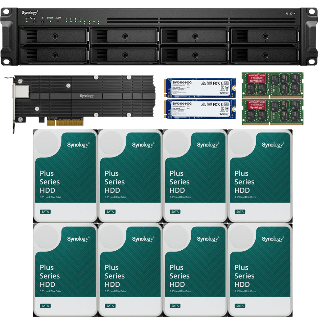 Synology RS1221+ RackStation with 32GB RAM 1.6TB (2x800GB) Cache, 1-Port 10GbE Adapter and 96TB (8 x 12TB) of Synology Plus NAS Drives Fully Assembled and Tested