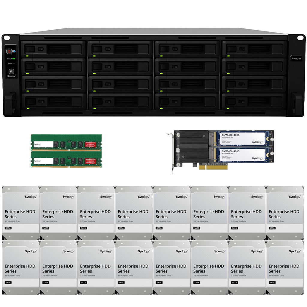Synology RS4021xs+ 16-BAY RackStation with 32GB RAM, M2D20 with 800GB (2x400GB) Synology CACHE, and 128TB (16 x 8TB) of Synology Enterprise Drives Fully Assembled and Tested