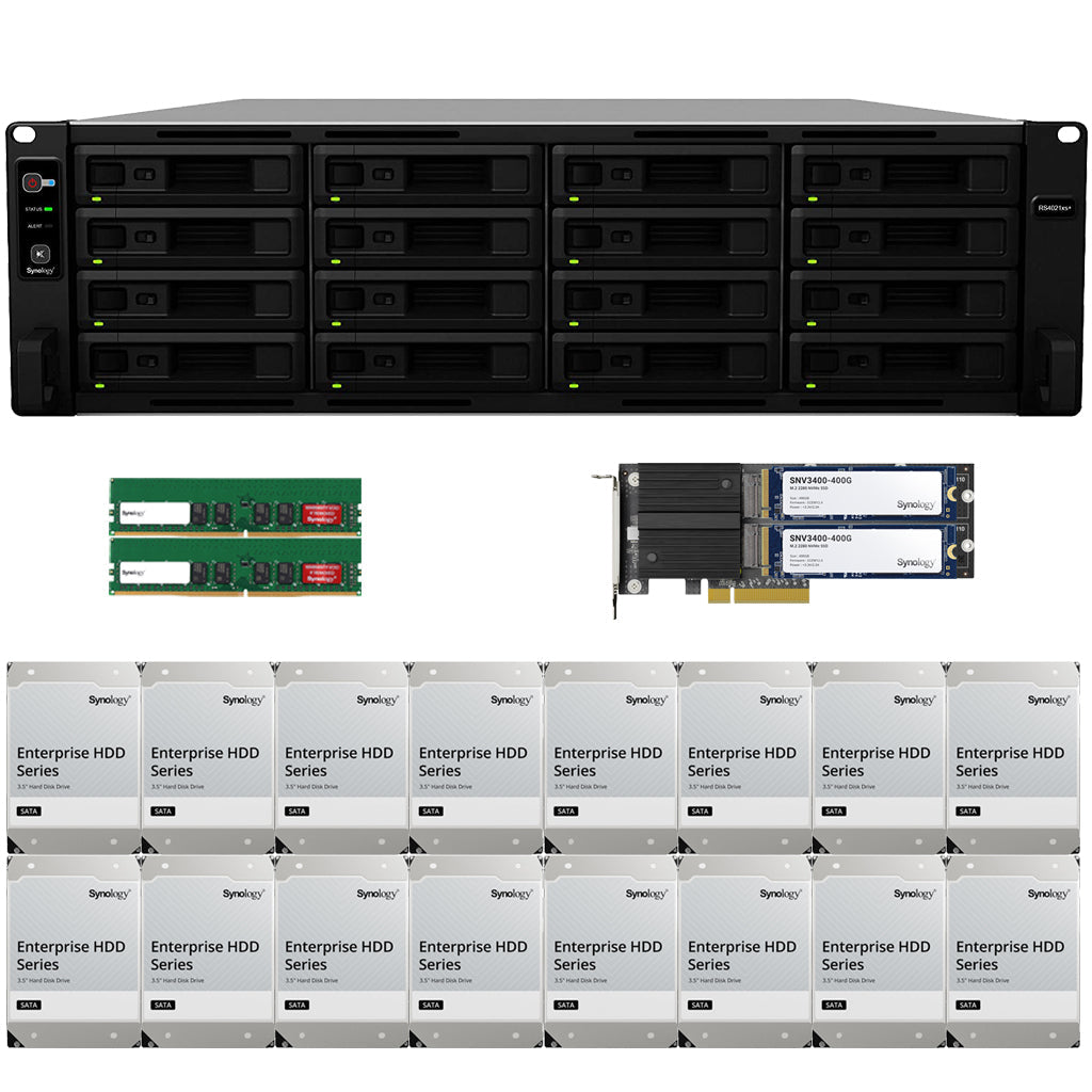 Synology RS4021xs+ 16-BAY RackStation with 32GB RAM, M2D20 with 800GB (2x400GB) Synology CACHE, and 64TB (16 x 4TB) of Synology Enterprise Drives Fully Assembled and Tested