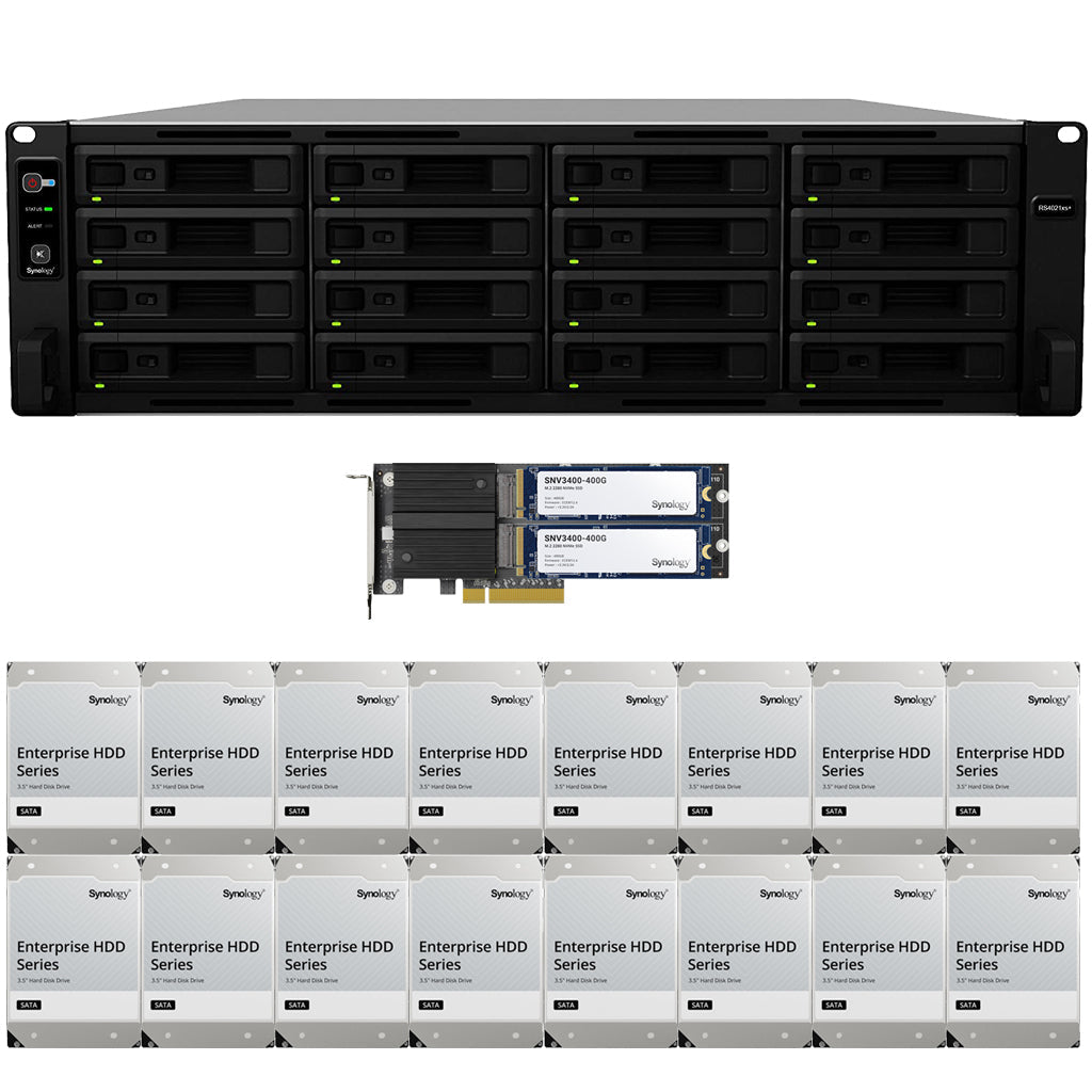 Synology RS4021xs+ 16-BAY RackStation with 16GB RAM, M2D20 with 800GB (2x400GB) Synology CACHE, and 288TB (16 x 18TB) of Synology Enterprise Drives Fully Assembled and Tested