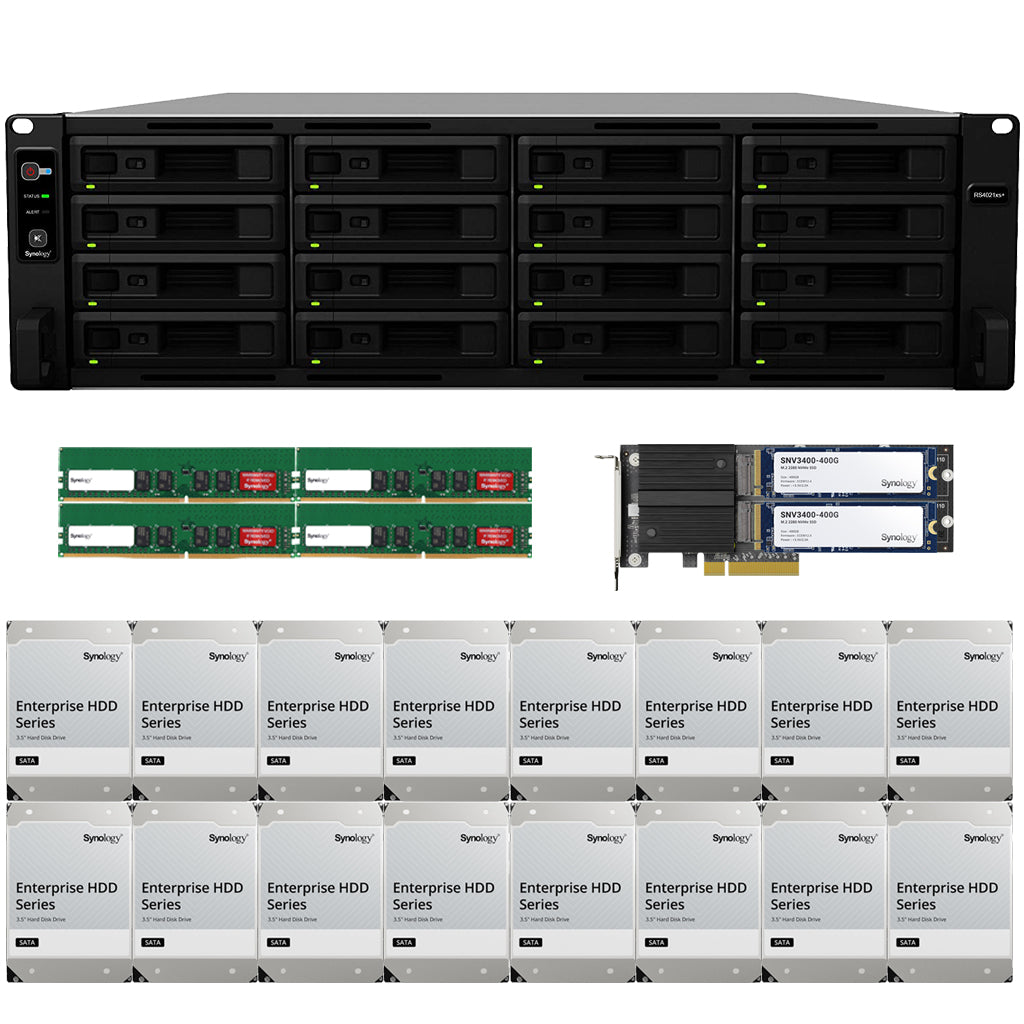 Synology RS4021xs+ 16-BAY RackStation with 64GB RAM, M2D20 with 800GB (2x400GB) Synology CACHE, and 192TB (16 x 12TB) of Synology Enterprise Drives Fully Assembled and Tested