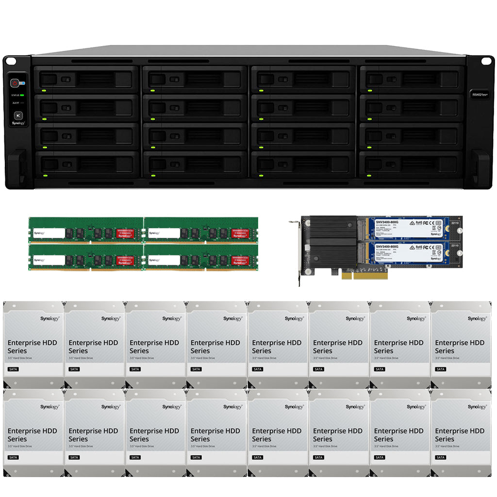 Synology RS4021xs+ 16-BAY RackStation with 64GB RAM, M2D20 with 1.6TB (2x800GB) Synology CACHE, and 64TB (16 x 4TB) of Synology Enterprise Drives Fully Assembled and Tested