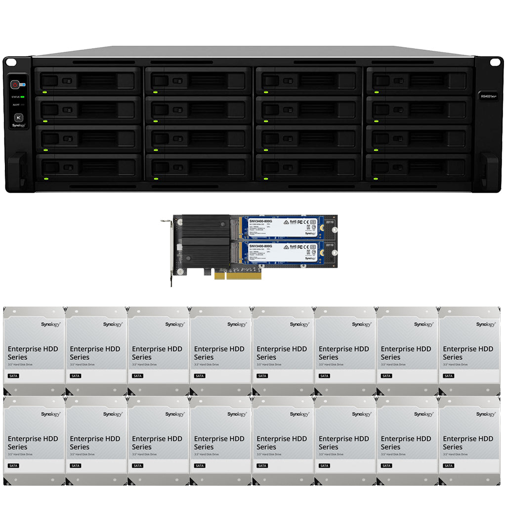 Synology RS4021xs+ 16-BAY RackStation with 16GB RAM, M2D20 with 1.6TB (2x800GB) Synology CACHE, and 128TB (16 x 8TB) of Synology Enterprise Drives Fully Assembled and Tested