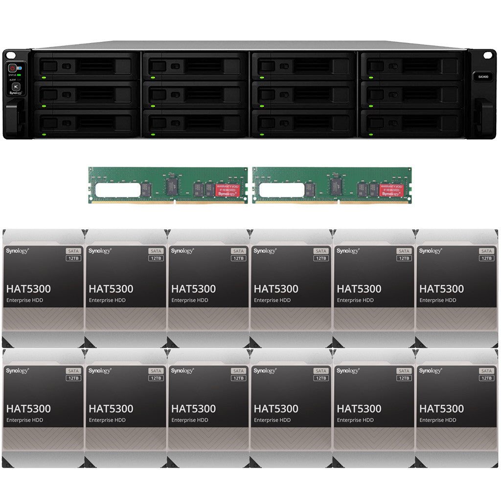 Synology SA3400 12-BAY Enterprise RackStation with 32GB RAM and 144TB (12 x 12TB) Synology HAT5300 Enterprise SATA Drives Fully Assembled and Tested