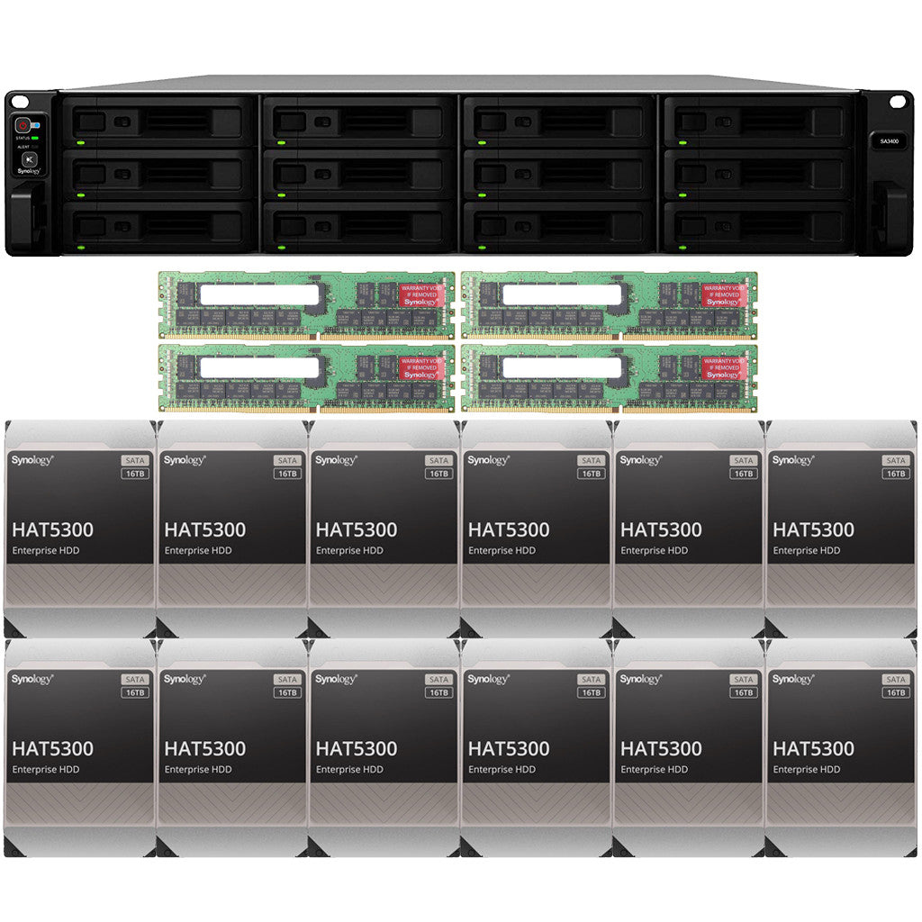 Synology SA3400 12-BAY Enterprise RackStation with 128GB RAM and 192TB (12 x 16TB) Synology HAT5300 Enterprise SATA Drives Fully Assembled and Tested