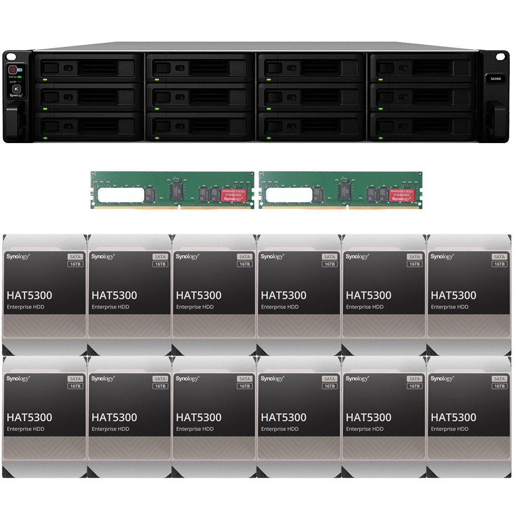 Synology SA3400 12-BAY Enterprise RackStation with 32GB RAM and 192TB (12 x 16TB) Synology HAT5300 Enterprise SATA Drives Fully Assembled and Tested