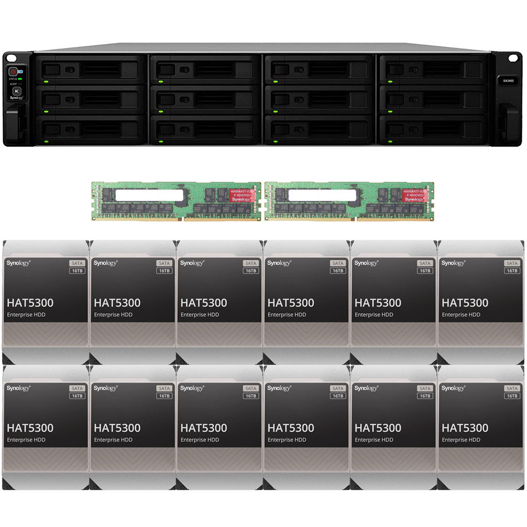 Synology SA3400 12-BAY Enterprise RackStation with 64GB RAM and 192TB (12 x 16TB) Synology HAT5300 Enterprise SATA Drives Fully Assembled and Tested