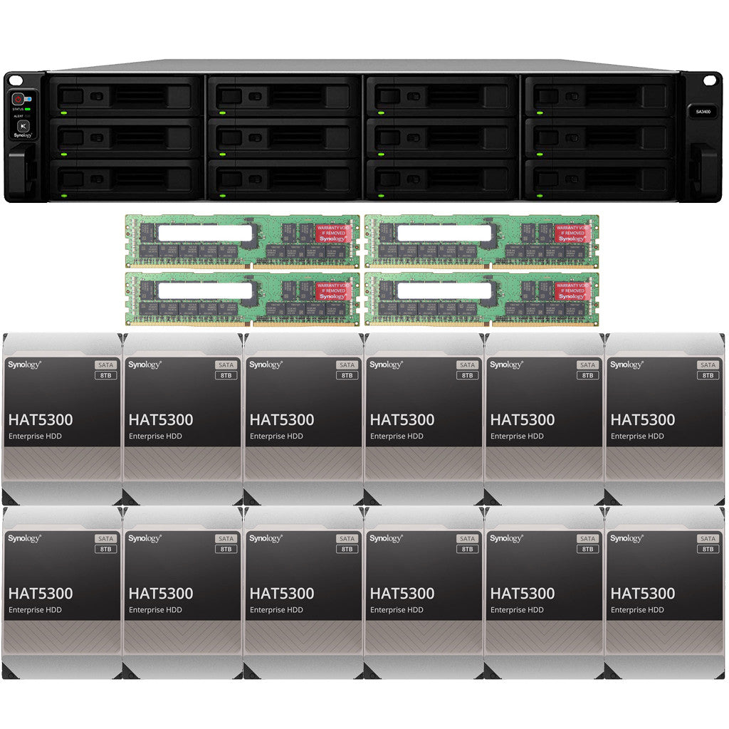 Synology SA3400 12-BAY Enterprise RackStation with 128GB RAM and 96TB (12 x 8TB) Synology HAT5300 Enterprise SATA Drives Fully Assembled and Tested