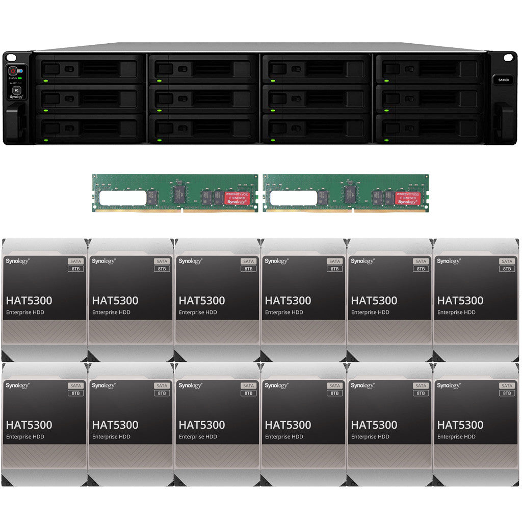 Synology SA3400 12-BAY Enterprise RackStation with 32GB RAM and 96TB (12 x 8TB) Synology HAT5300 Enterprise SATA Drives Fully Assembled and Tested