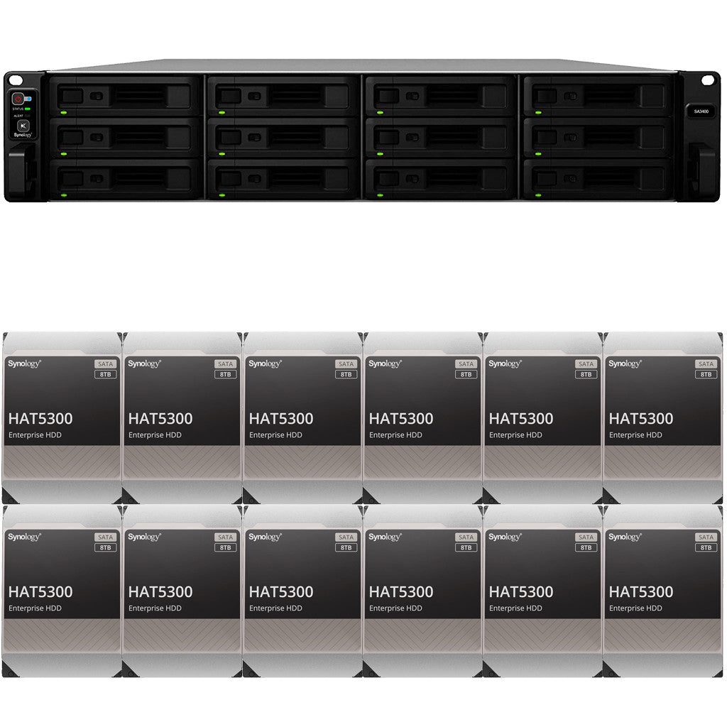 Synology SA3400 12-BAY Enterprise RackStation with 16GB RAM and 96TB (12 x 8TB) Synology HAT5300 Enterprise SATA Drives Fully Assembled and Tested