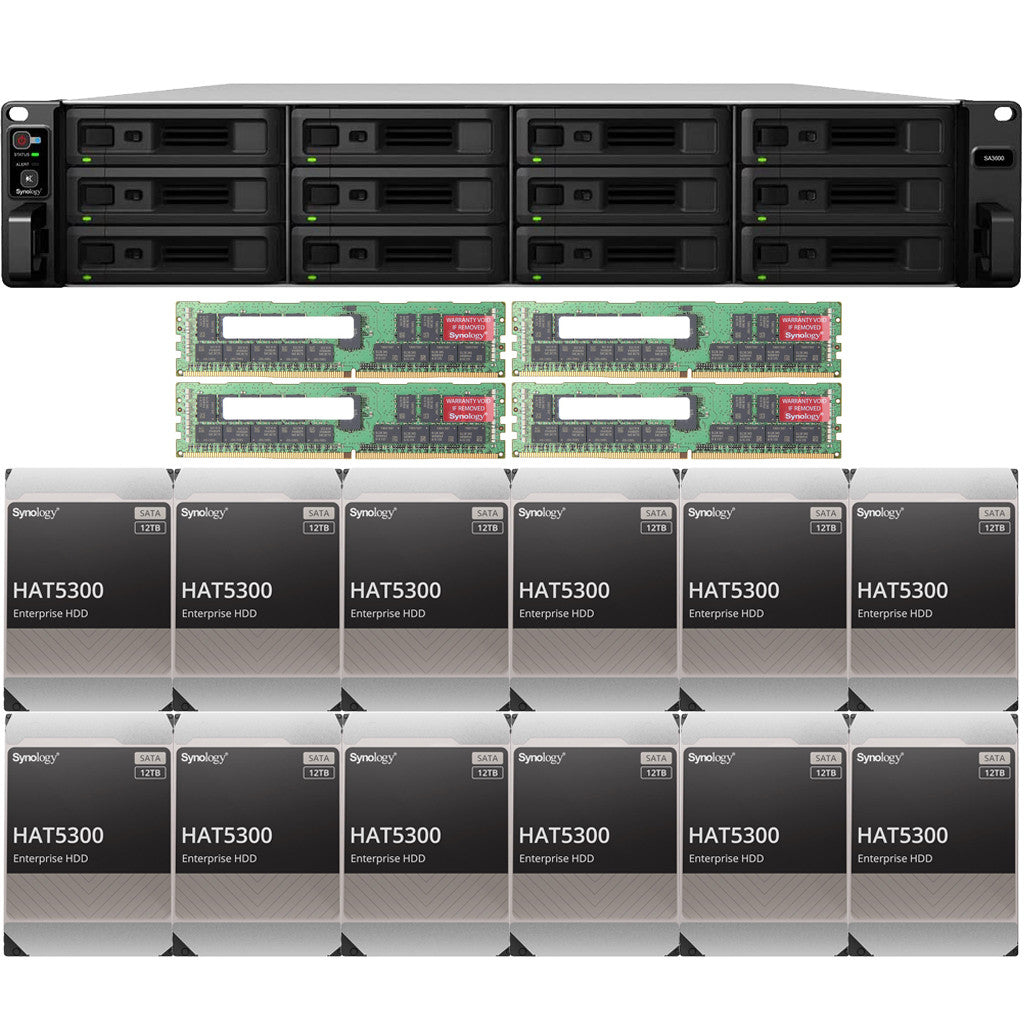 Synology SA3600 12-BAY Enterprise RackStation with 128GB RAM and 144TB (12 x 12TB) Synology HAT5300 Enterprise SATA Drives Fully Assembled and Tested