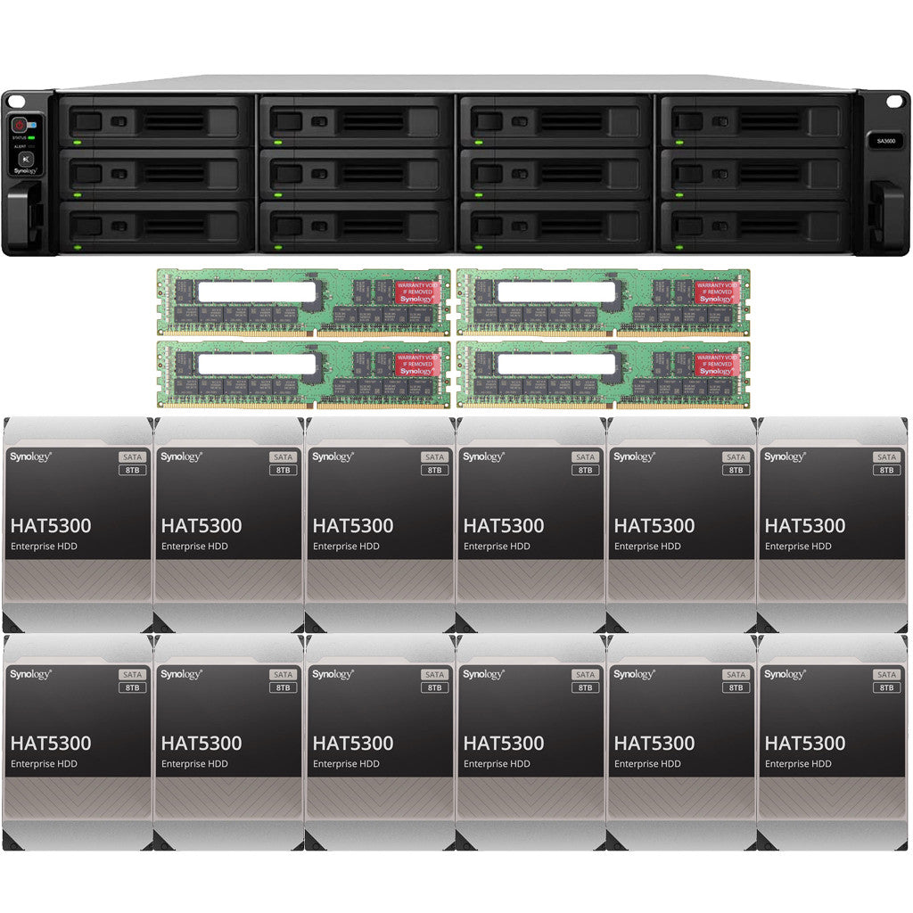 Synology SA3600 12-BAY Enterprise RackStation with 128GB RAM and 96TB (12 x 8TB) Synology HAT5300 Enterprise SATA Drives Fully Assembled and Tested