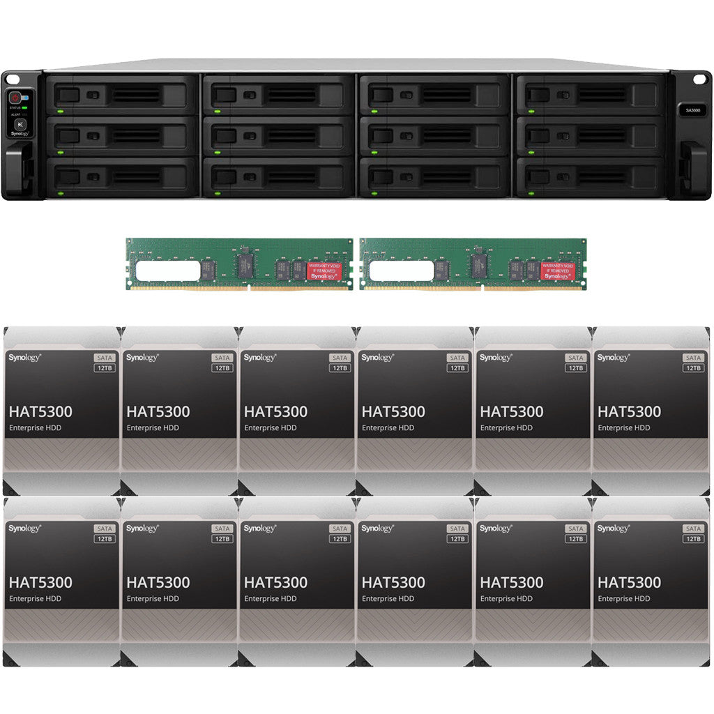 Synology SA3600 12-BAY Enterprise RackStation with 32GB RAM and 144TB (12 x 12TB) Synology HAT5300 Enterprise SATA Drives Fully Assembled and Tested