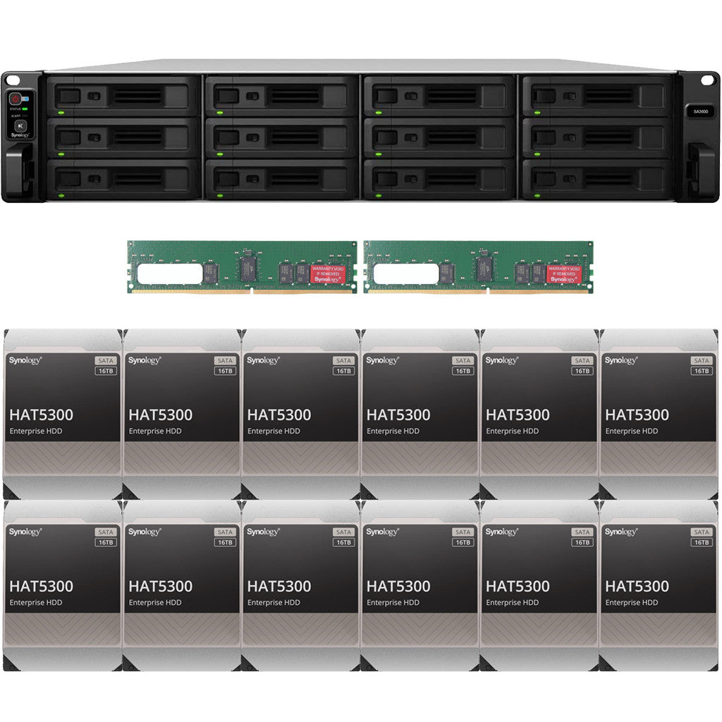 Synology SA3600 12-BAY Enterprise RackStation with 32GB RAM and 192TB (12 x 16TB) Synology HAT5300 Enterprise SATA Drives Fully Assembled and Tested