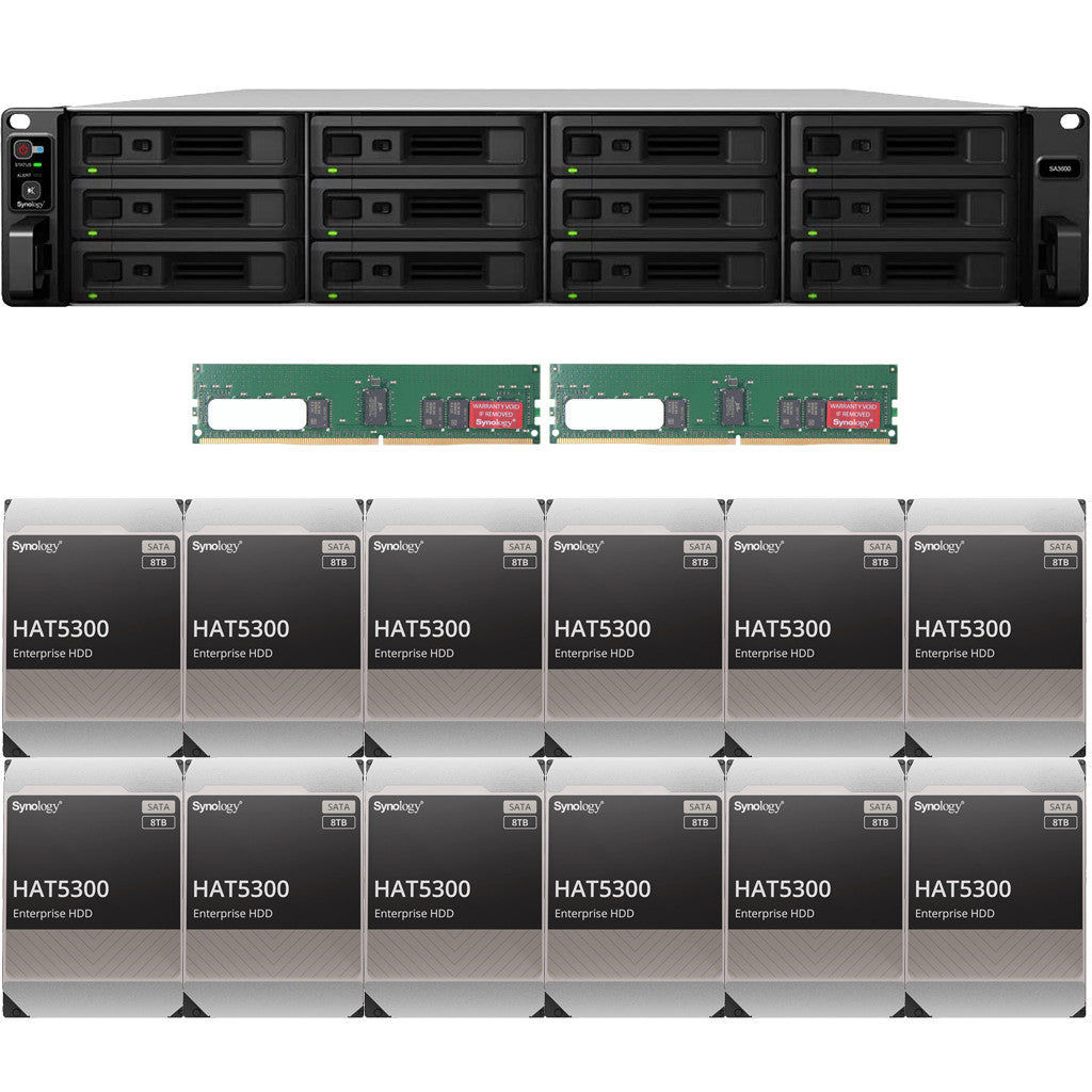 Synology SA3600 12-BAY Enterprise RackStation with 32GB RAM and 96TB (12 x 8TB) Synology HAT5300 Enterprise SATA Drives Fully Assembled and Tested