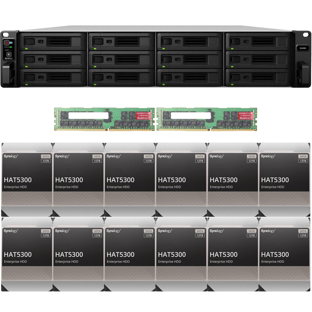 Synology SA3600 12-BAY Enterprise RackStation with 64GB RAM and 144TB (12 x 12TB) Synology HAT5300 Enterprise SATA Drives Fully Assembled and Tested