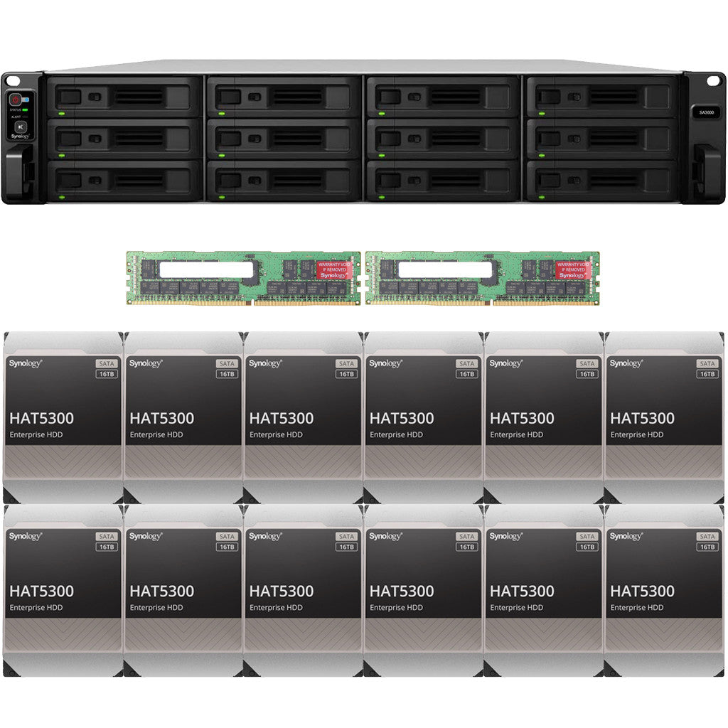 Synology SA3600 12-BAY Enterprise RackStation with 64GB RAM and 192TB (12 x 16TB) Synology HAT5300 Enterprise SATA Drives Fully Assembled and Tested