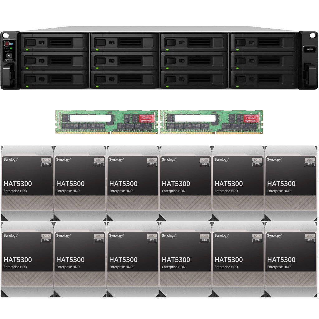 Synology SA3600 12-BAY Enterprise RackStation with 64GB RAM and 96TB (12 x 8TB) Synology HAT5300 Enterprise SATA Drives Fully Assembled and Tested