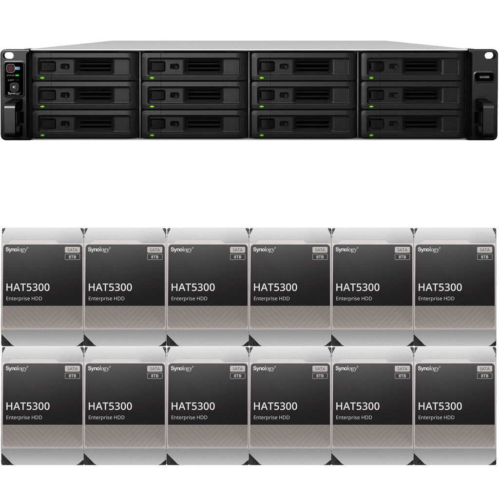 Synology SA3600 12-BAY Enterprise RackStation with 16GB RAM and 96TB (12 x 8TB) Synology HAT5300 Enterprise SATA Drives Fully Assembled and Tested