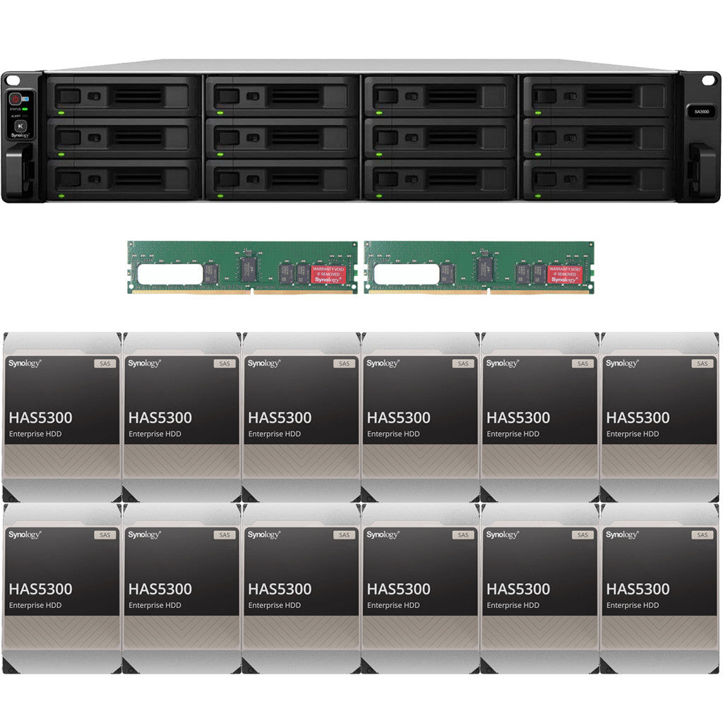 Synology SA3600 12-BAY Enterprise RackStation with 32GB RAM and 144TB (12 x 12TB) Synology HAS5300 Enterprise SAS Drives Fully Assembled and Tested