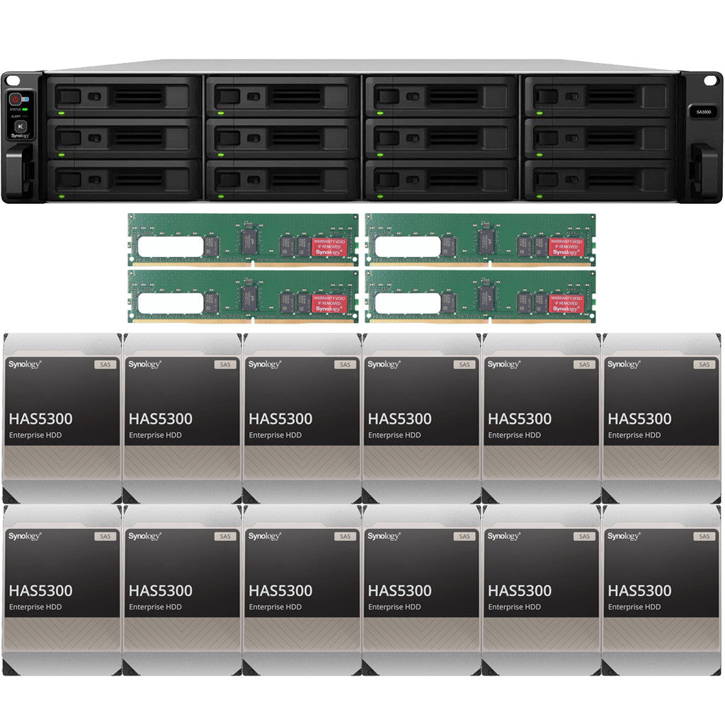 Synology SA3600 12-BAY Enterprise RackStation with 64GB RAM and 144TB (12 x 12TB) Synology HAS5300 Enterprise SAS Drives Fully Assembled and Tested