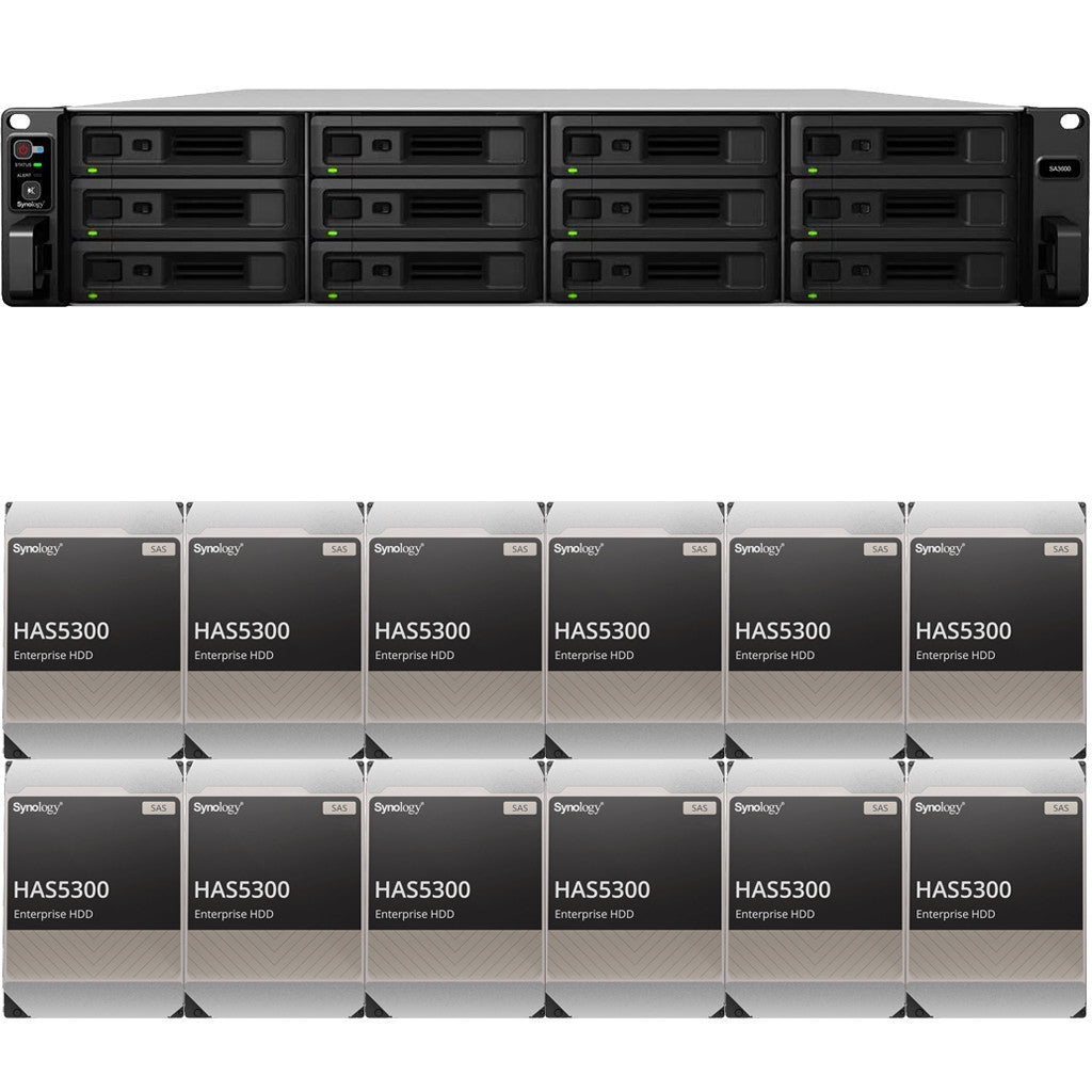 Synology SA3600 12-BAY Enterprise RackStation with 16GB RAM and 144TB (12 x 12TB) Synology HAS5300 Enterprise SAS Drives Fully Assembled and Tested