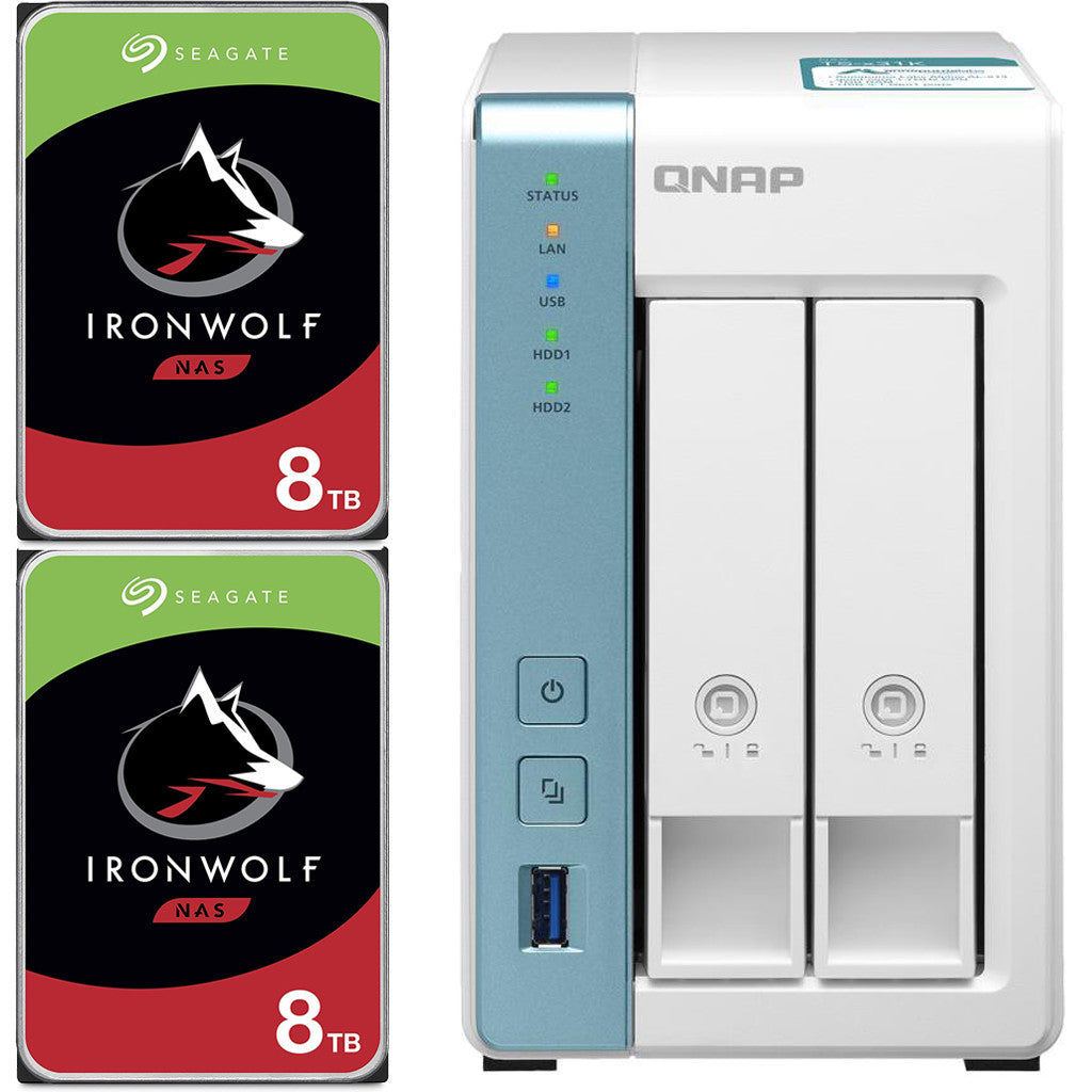 QNAP TS-231K 2-Bay Home NAS with 16TB (2 x 8TB) of Seagate Ironwolf NAS Drives Fully Assembled and Tested
